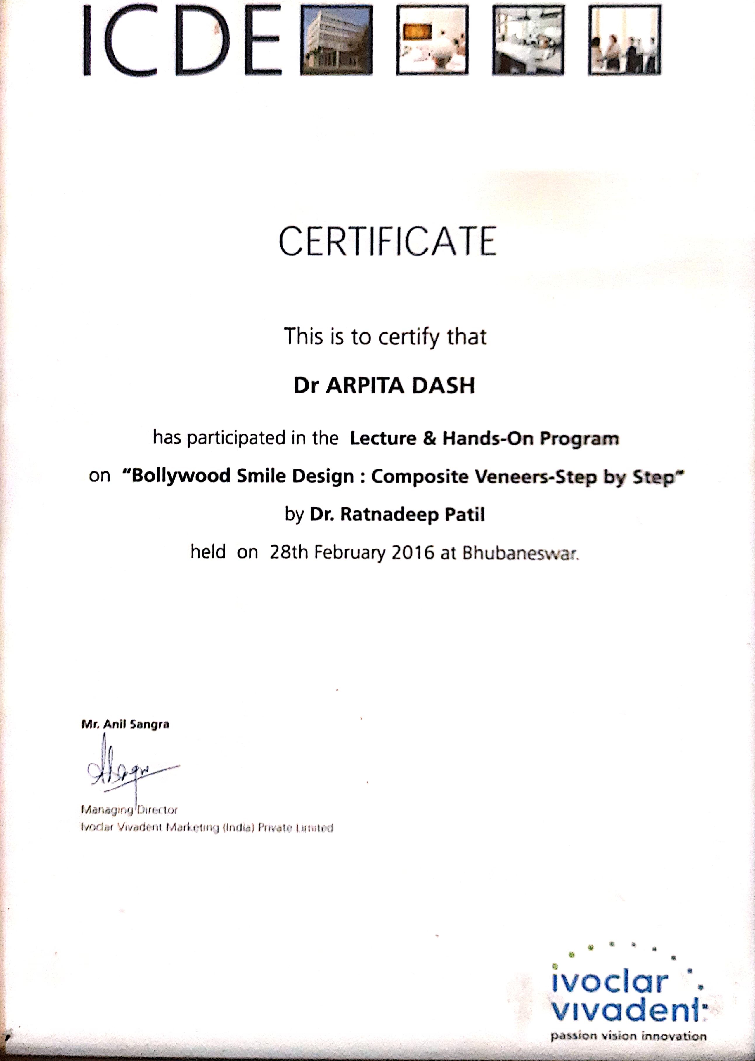 Workshop on Bollywood Smile Designing certificate - Dr. Arpita Dash